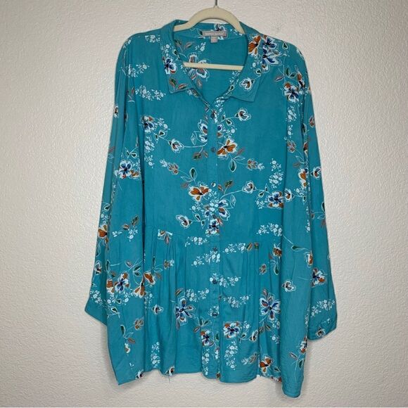 Woman Within Blue Floral Button Down Shirt - Picture 1 of 12